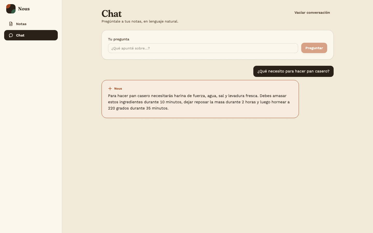 Nous Chat screen with a question and a generated answer anchored to a real note