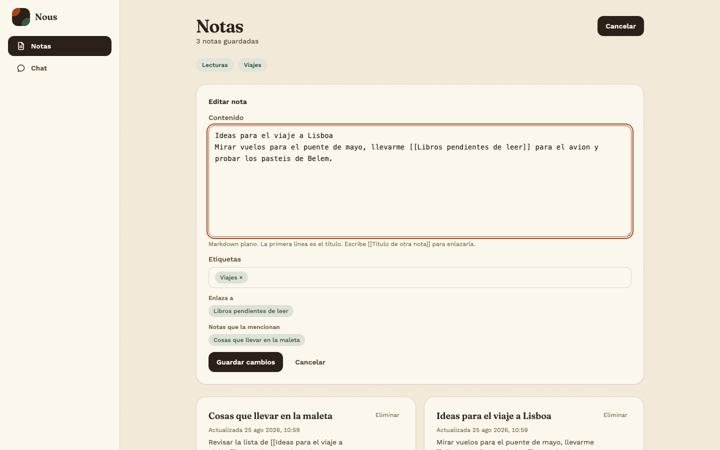 Note editing form in Nous showing outgoing links and backlinks from another note