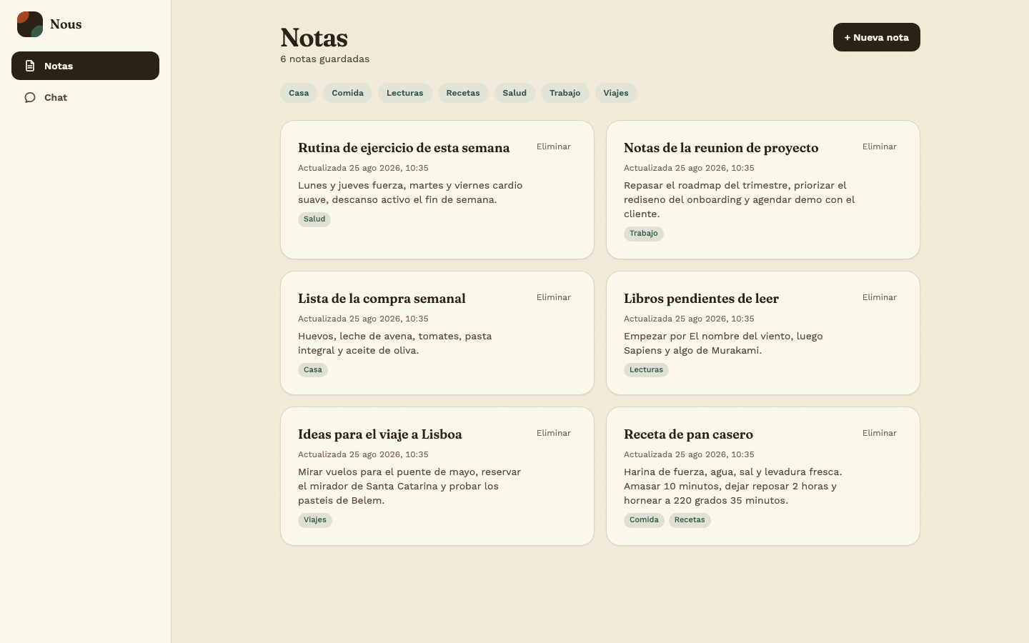 Nous Notes screen, with plain-text notes organized by tags