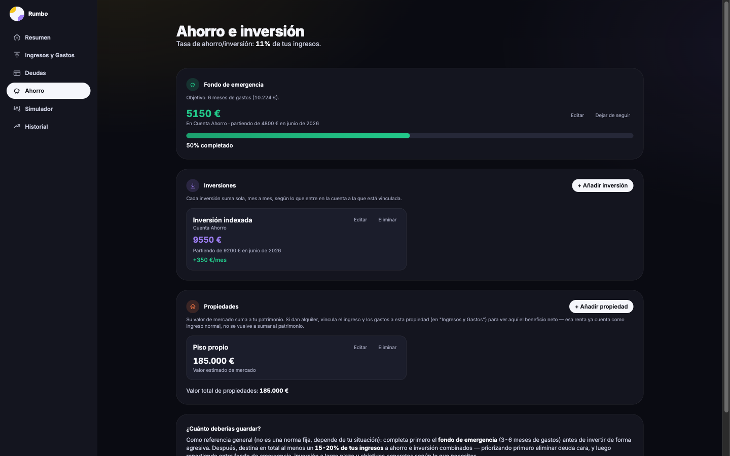 Rumbo Savings and investment screen with emergency fund and investment progress