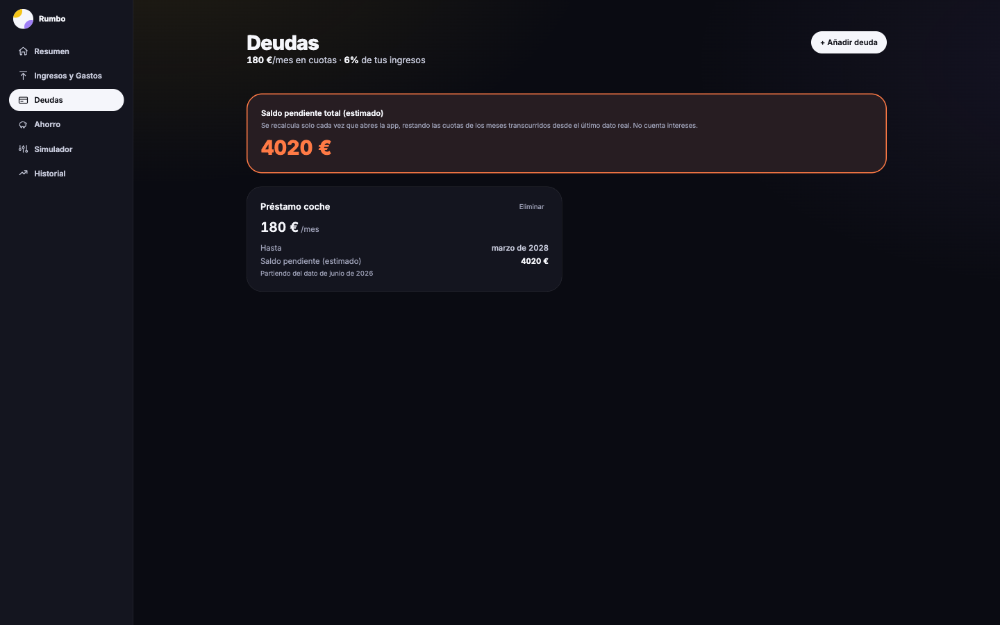 Rumbo Debts screen with the estimated remaining balance recalculated automatically