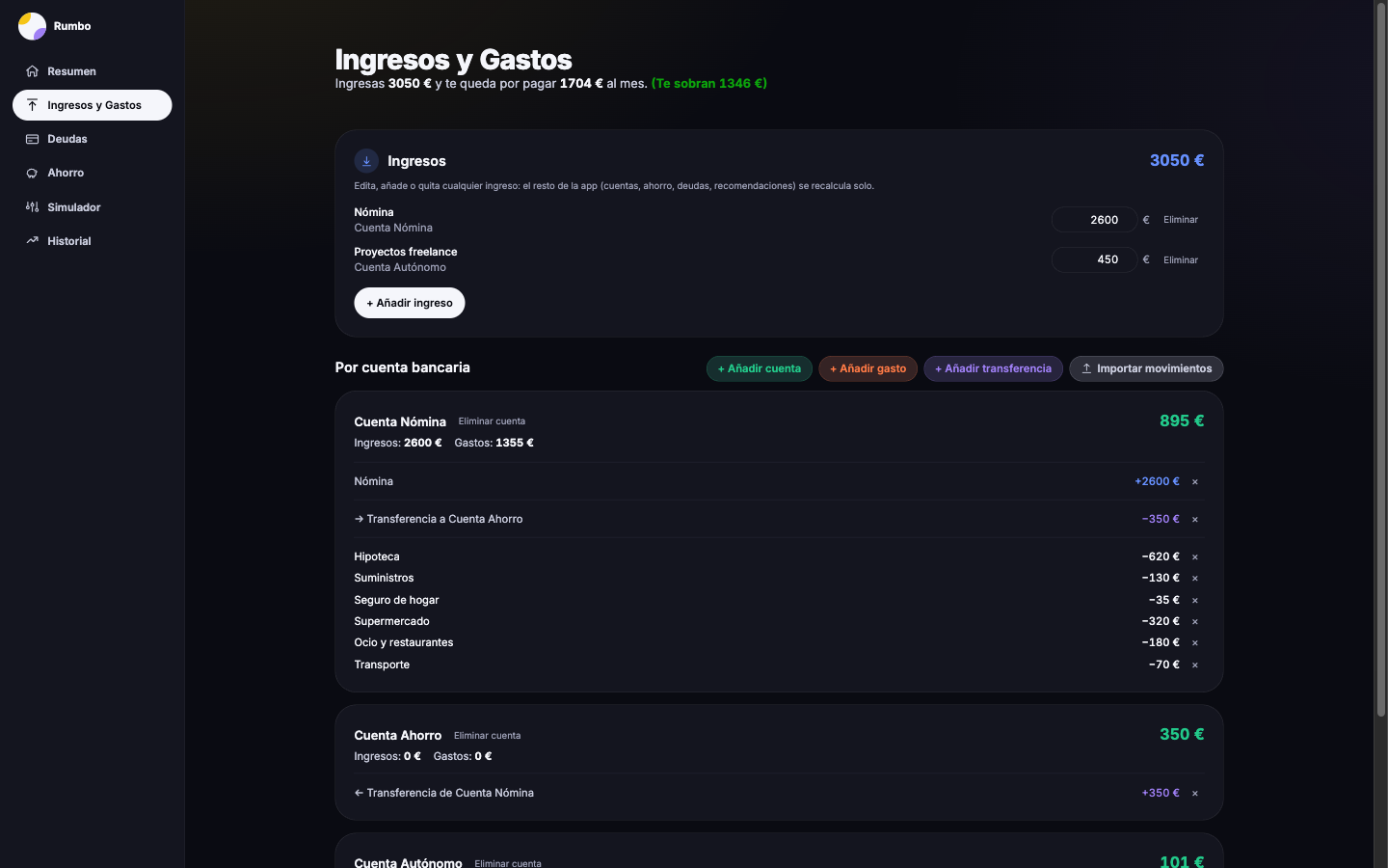 Rumbo Income and Expenses screen broken down by bank account
