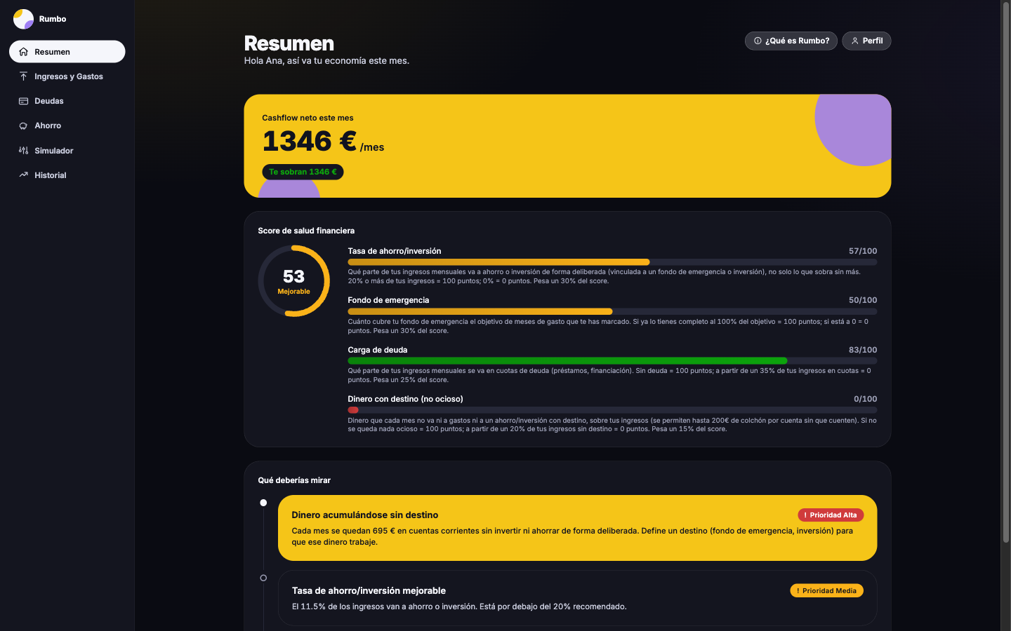 Rumbo Overview screen, with the financial health score broken down and this month's cashflow