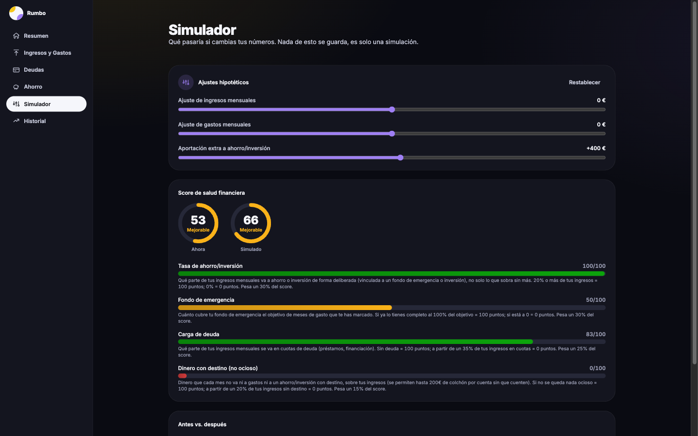 Rumbo simulator comparing the current score with the simulated score after moving a slider